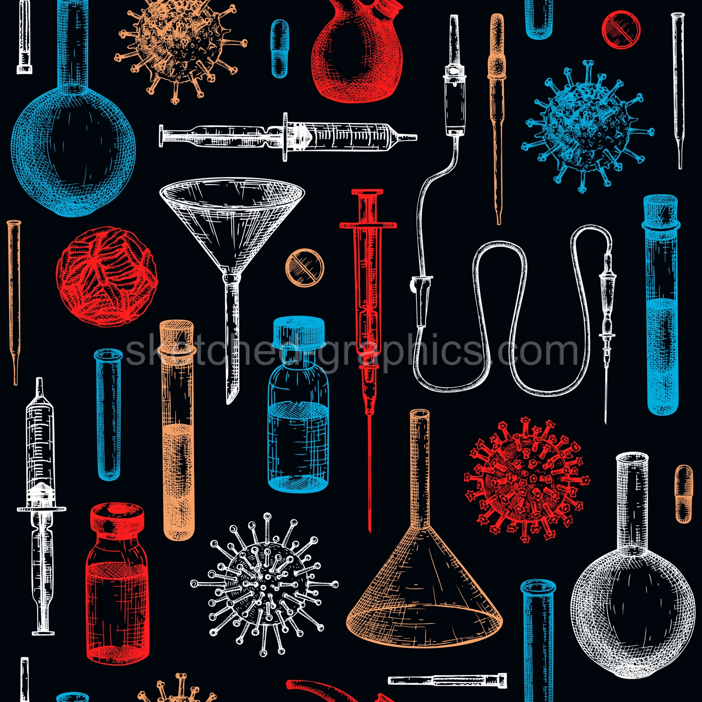 Antiviral therapy and vaccination background. Hand drawn vector illustrations. Vaccine in bottles, laboratory equipment, different virus sketches. Medicine seamless pattern . Covid-19 drawing  Illustration